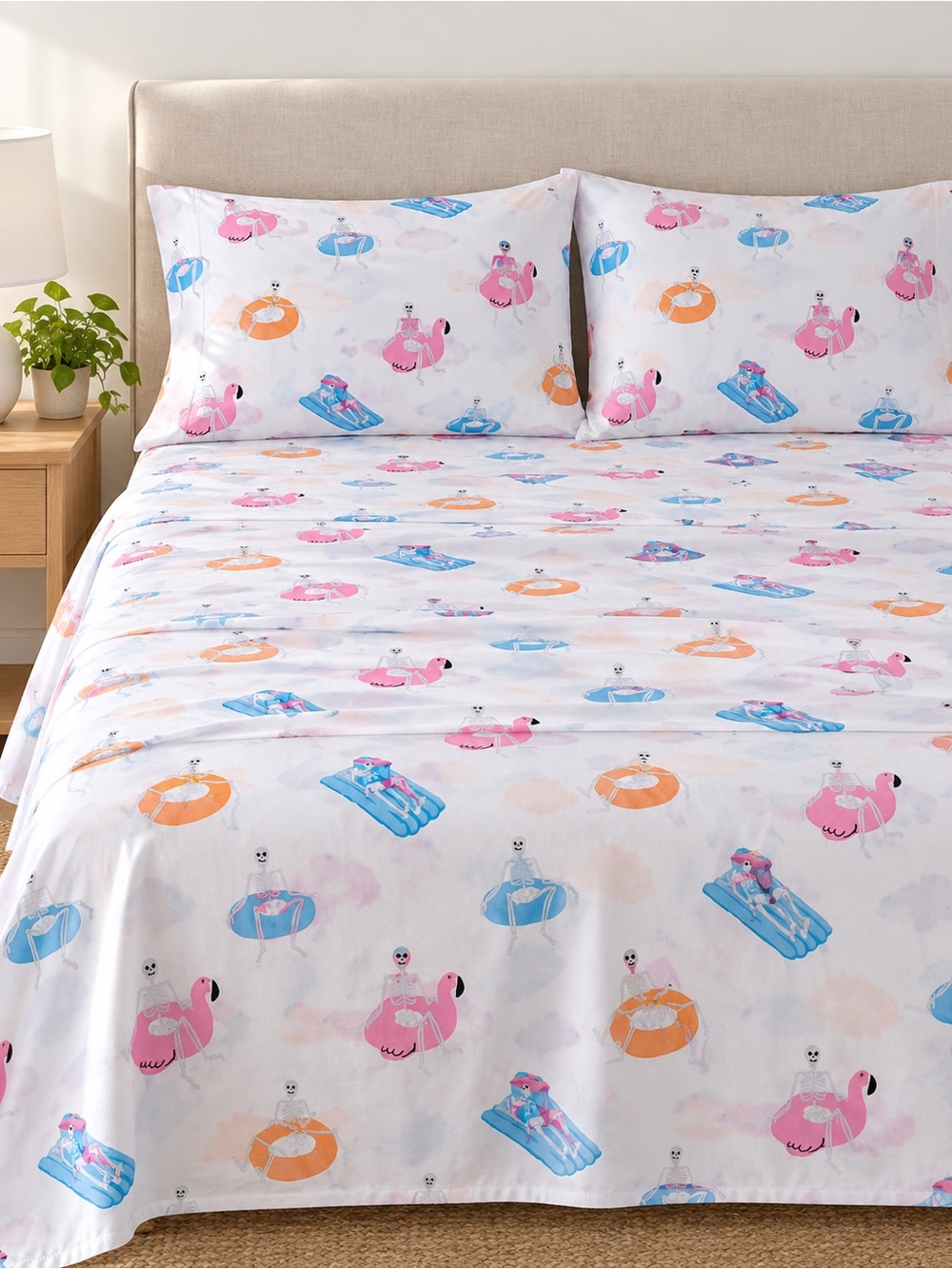 Skull & Bones 4-Piece Full Sheet Set Pastel Skeleton Flamingo 100% Cotton NWT